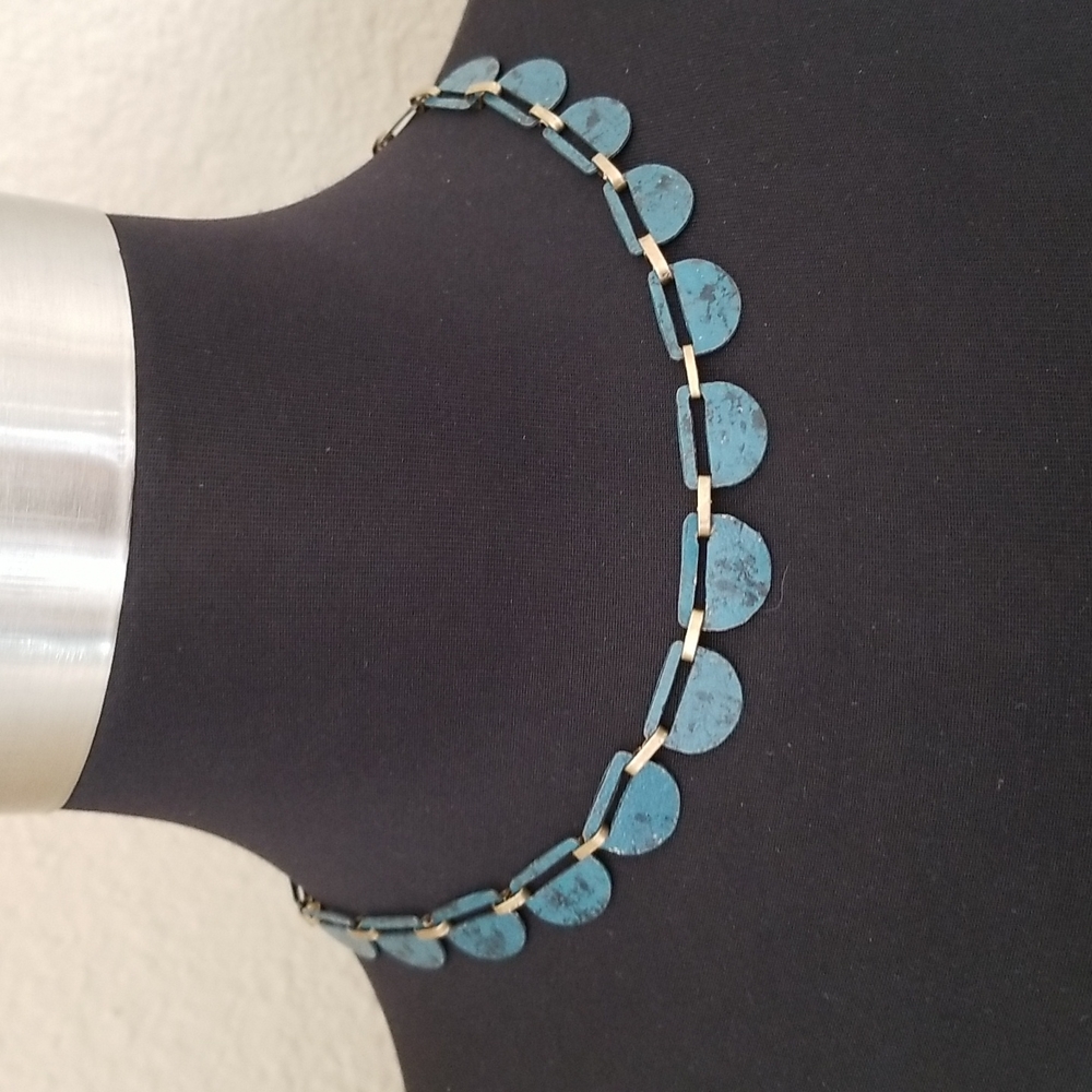 Gold Blue Metal Antique Look Necklace